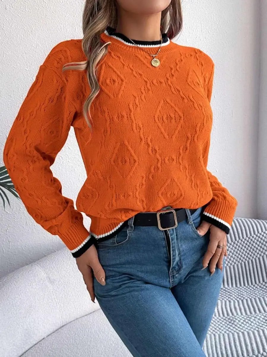 Contrast Trim Round Neck Long Sleeve Sweater - Love Salve